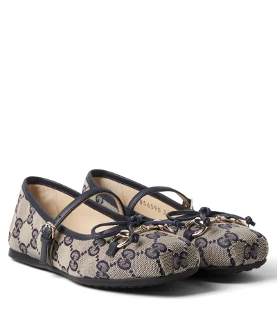 Gucci Horsebit Buckle Logo-pattern Ballet Flats In Gray