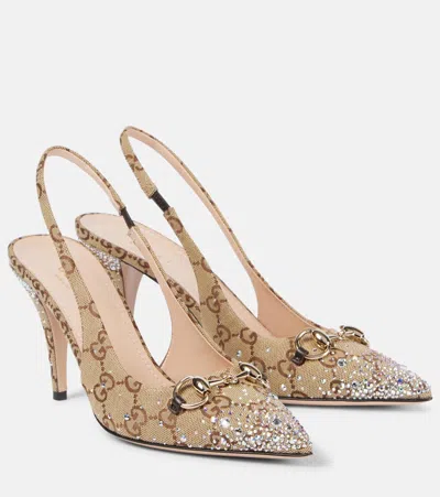 Gucci Horsebit Gg Canvas Crystal-embellished Pumps In Brown