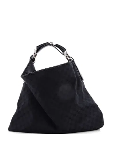 Pre-owned Gucci Horsebit Gg Canvas Large Hobo Bag In Black