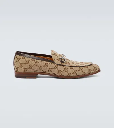 Gucci Horsebit Gg Canvas Leather-trimmed Loafers In Beige-ebony/n.cocoa
