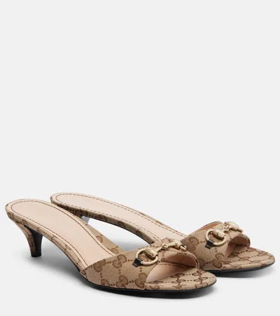 Gucci Horsebit Gg Canvas Mules In Brown