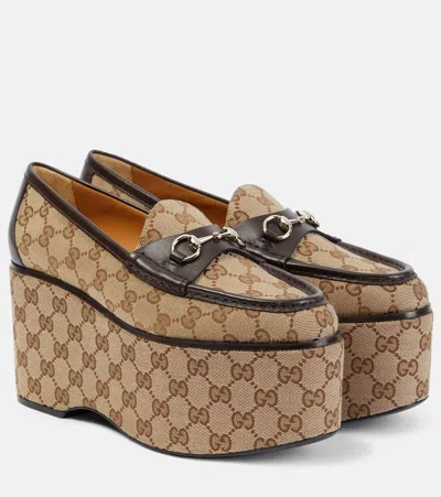 Gucci Horsebit Gg Canvas Platform Loafers In Brown