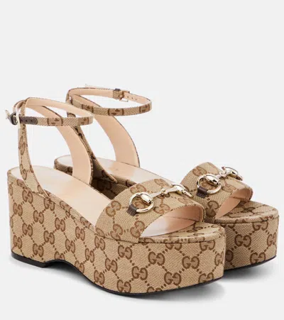 Gucci Horsebit Gg Canvas Platform Sandals In Beige