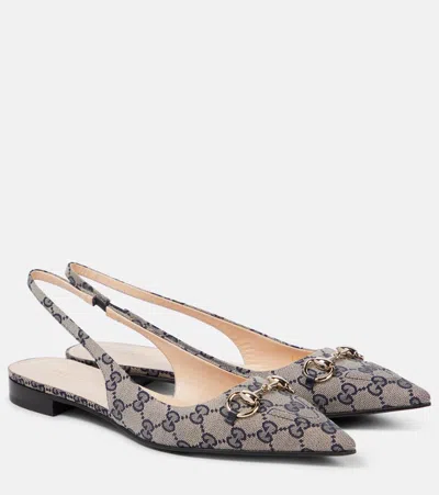 Gucci Horsebit Gg Canvas Slingback Flats In Beige