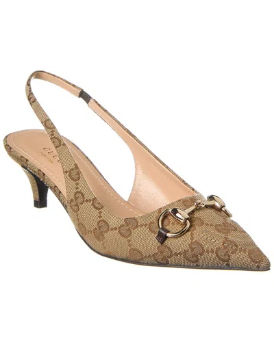 Gucci Horsebit Gg Canvas Slingback Pump In Beige