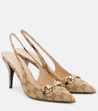 Gucci Horsebit Gg Canvas Slingback Pumps In Beige