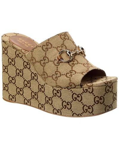 Gucci Horsebit Gg Canvas Wedge Sandal In Brown