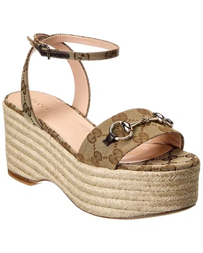 Gucci Horsebit Gg Canvas Wedge Sandal In Neutral