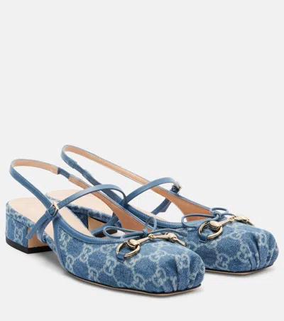 Gucci Horsebit Gg Denim Slingback Pumps In Blue