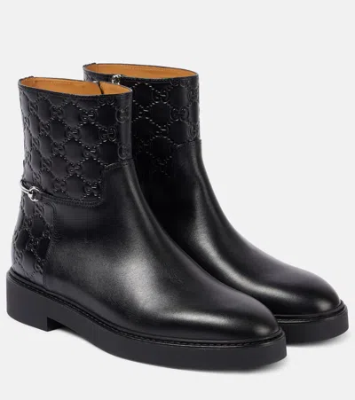 Gucci Horsebit Gg Leather Ankle Boots In Black/black