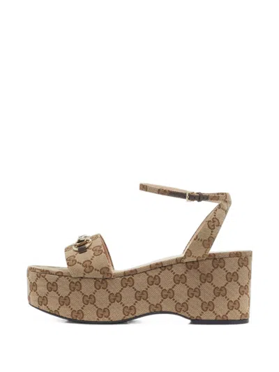 Pre-owned Gucci Horsebit Gg Platform Sandals In Neutrals