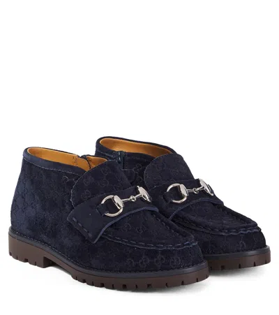 Gucci Kids' Horsebit Gg Suede Ankle Boots In Blue