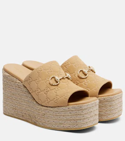 Gucci Gg Monogram Suede Wedge Sandals Morsetto In Neutral