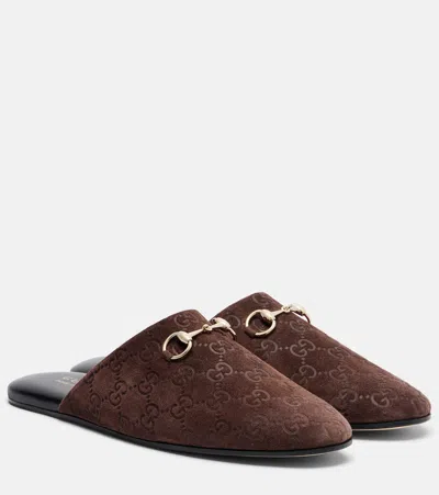 Gucci Horsebit Gg Suede Mules In Brown