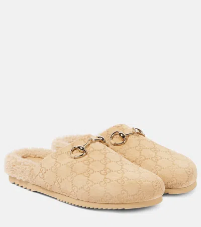 Gucci Horsebit Gg Suede Mules In Nude