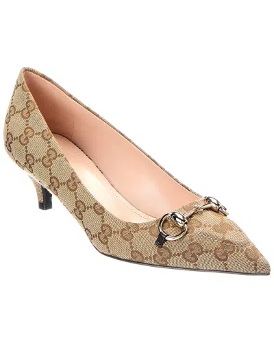 Gucci Horsebit Gg Supreme Canvas & Leather Pump In Brown