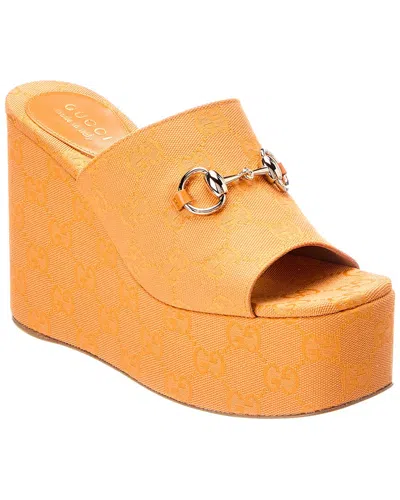 Gucci Horsebit Gg Supreme Canvas & Leather Wedge Sandal In Orange
