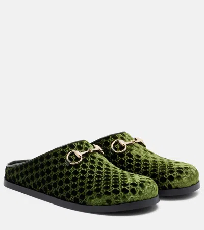 Gucci Horsebit Gg Velvet Mules In Green