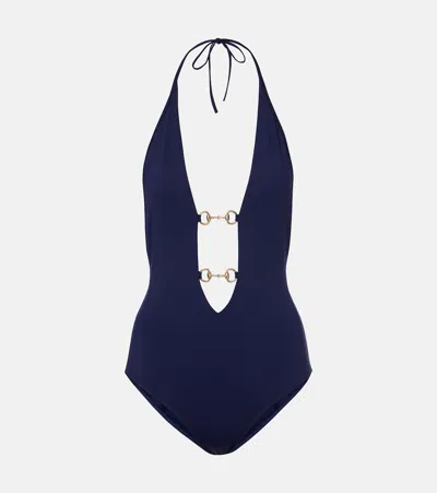 Gucci Horsebit Halterneck Swimsuit In Blue