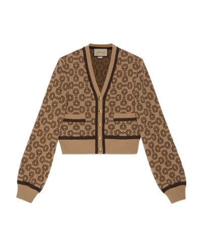 Gucci Horsebit Intarsia-knit Cardigan In Brown