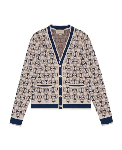 Gucci Horsebit-jacquard Fine-knit Cardigan In Nude