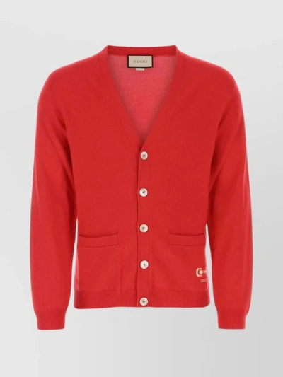 Gucci Knit V-neck Cardigan With Ribbed Hem And Cuffs In Red