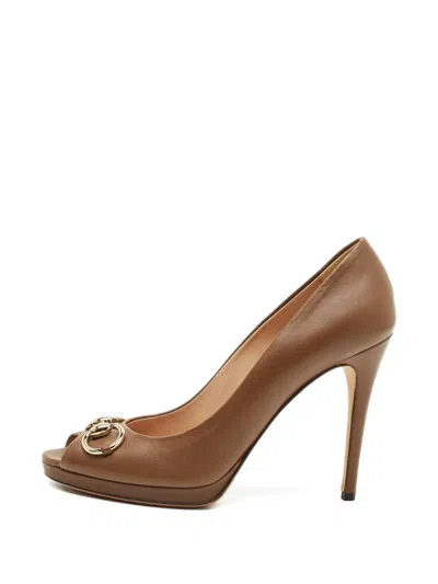 Pre-owned Gucci Horsebit Leather Peep-toe Pumps In Brown