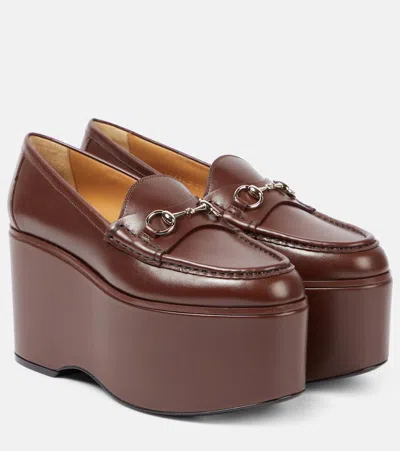 Gucci Horsebit Leather Platform Loafers In Brown