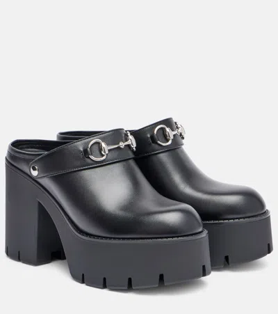 Gucci Horsebit Leather Platform Mules In Black