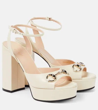 Gucci Horsebit Leather Platform Sandals In White