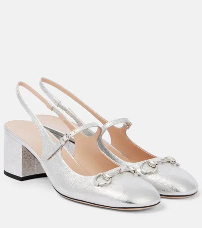 Gucci Horsebit Leather Slingback Pumps In Silver