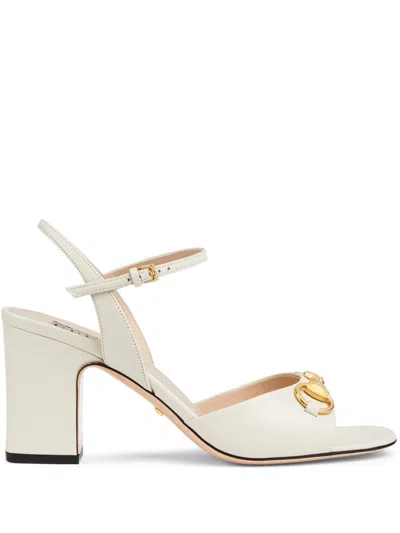 Gucci Horsebit Lether Heel Sandals In White
