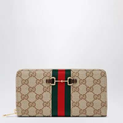 Gucci Horsebit Mini Web Zipped Wallet In Gg Canvas In Beige