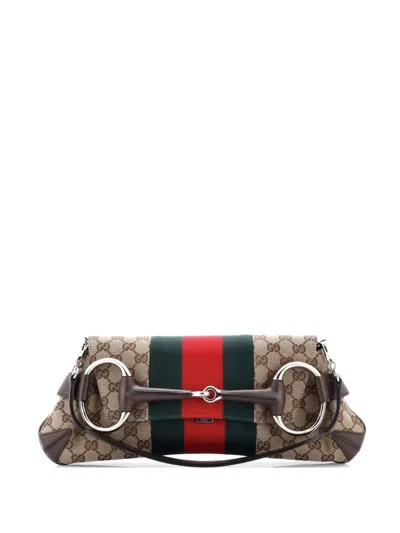 Pre-owned Gucci Horsebit Nm Web Chain Clutch Gg Canvas Medium Shoulder Bag In Brown