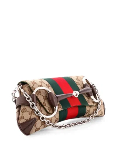 Pre-owned Gucci Horsebit Nm Web Chain Clutch Gg Canvas Medium Shoulder Bag In Brown