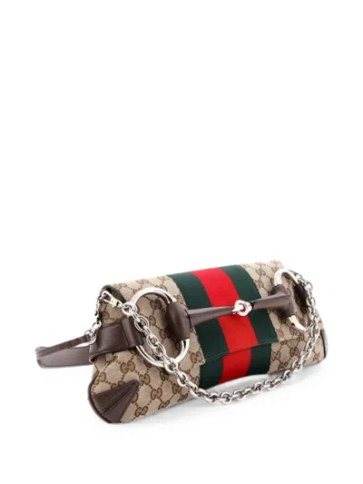 Pre-owned Gucci Horsebit Nm Web Chain Clutch Gg Canvas Medium Shoulder Bag In Brown