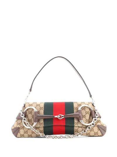 Pre-owned Gucci Horsebit Nm Web Chain Clutch Gg Canvas Medium Shoulder Bag In Brown