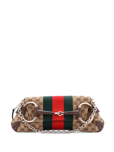 Pre-owned Gucci Horsebit Nm Web Chain Clutch Gg Canvas Medium Shoulder Bag In Brown