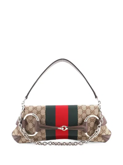Pre-owned Gucci Horsebit Nm Web Chain Clutch Gg Canvas Medium Shoulder Bag In Brown