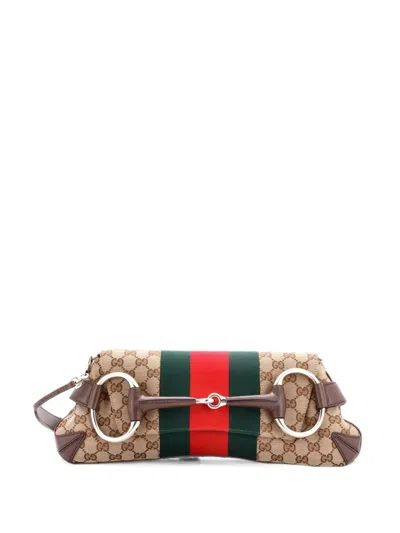 Pre-owned Gucci Horsebit Nm Web Chain Clutch Gg Canvas Medium Shoulder Bag In Brown