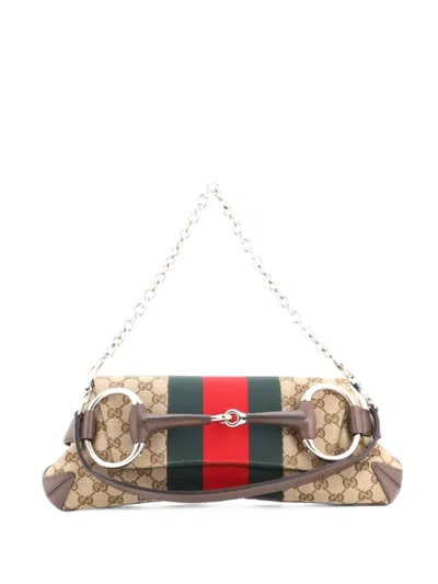 Pre-owned Gucci Horsebit Nm Web Chain Clutch Gg Canvas Medium Shoulder Bag In Brown