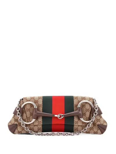 Pre-owned Gucci Horsebit Nm Web Chain Clutch Gg Canvas Medium Shoulder Bag In Brown