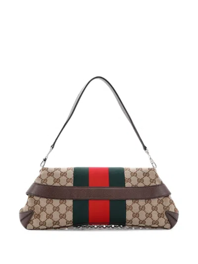 Pre-owned Gucci Horsebit Nm Web Chain Clutch Gg Canvas Medium Shoulder Bag In Brown