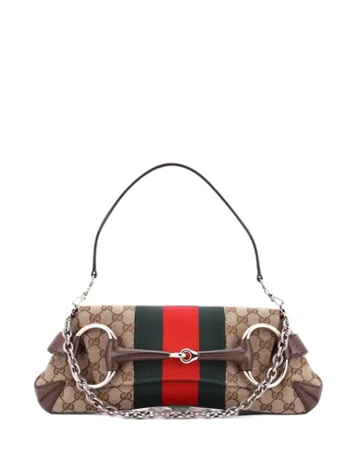 Pre-owned Gucci Horsebit Nm Web Chain Clutch Gg Canvas Medium Shoulder Bag In Brown
