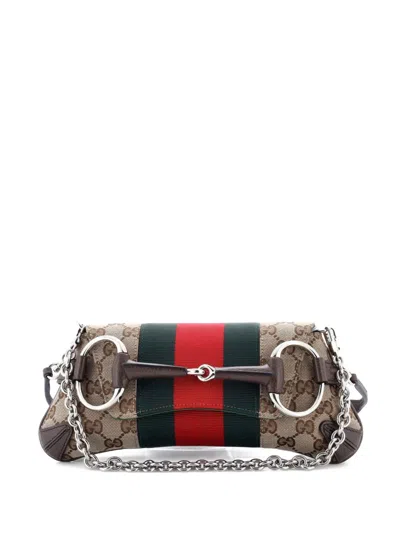 Pre-owned Gucci Horsebit Nm Web Chain Clutch Gg Canvas Small Shoulder Bag In Brown