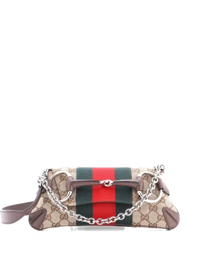 Pre-owned Gucci Horsebit Nm Web Chain Clutch Gg Canvas Small Shoulder Bag In Brown