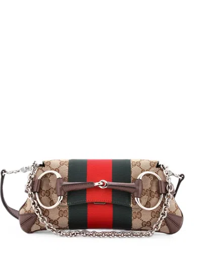Pre-owned Gucci Horsebit Nm Web Chain Clutch Gg Canvas Small Shoulder Bag In Brown