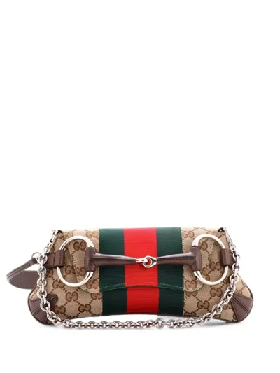 Pre-owned Gucci Horsebit Nm Web Chain Clutch Gg Canvas Small Shoulder Bag In Brown