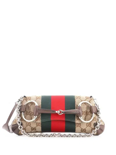 Pre-owned Gucci Horsebit Nm Web Chain Clutch Gg Canvas Small Shoulder Bag In Brown