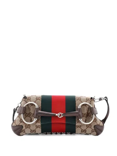 Pre-owned Gucci Horsebit Nm Web Chain Clutch Gg Canvas Small Shoulder Bag In Brown